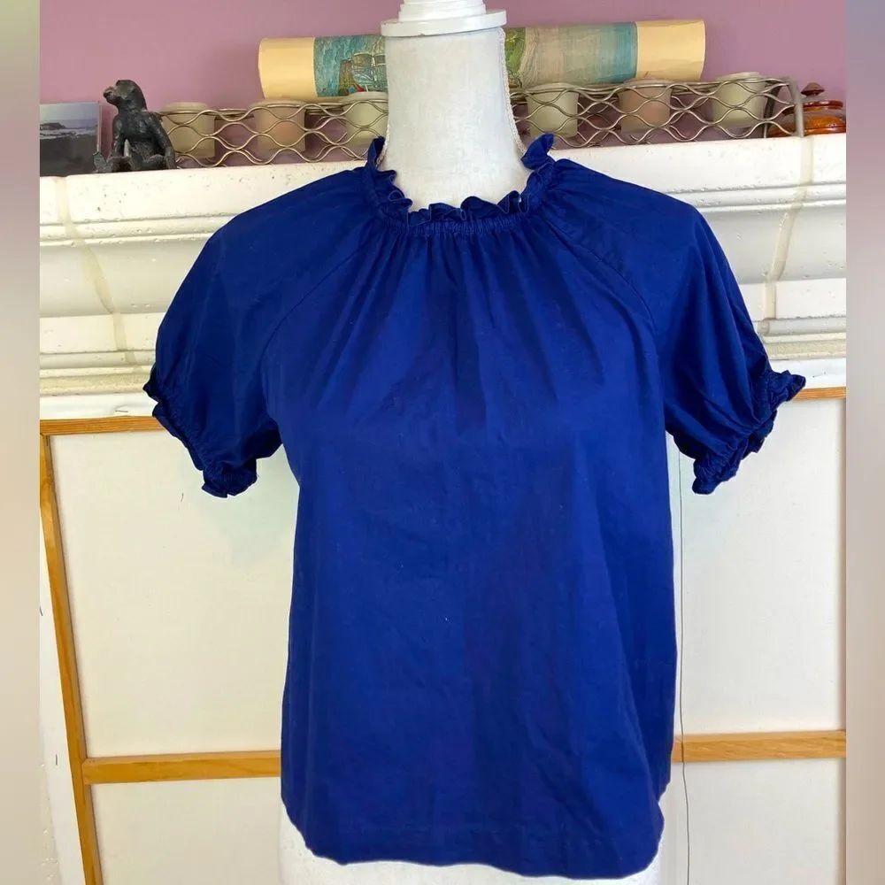 Hill House Sapphire Navy Ruffle Neck & Sleeve blouse
